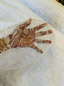 Beaded Floral Plant Design - White - Embroidered Beaded Flower Plants Sequins Fabric By Yard