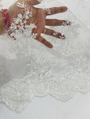 Floral Damask Lace Fabric - White - Embroidered Damask Flowers on Lace Fabric By Yard