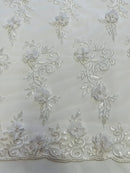3D Flower Cluster Fabric - White - 3D Flower Leaf Design Fabric with Pearls Sold By Yard