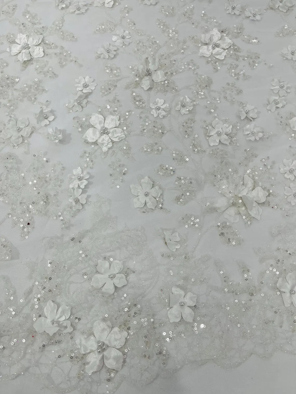 3D Flower Glitter Fabric - White - Floral Glitter Sequin Design on Lace Mesh Fabric by Yard