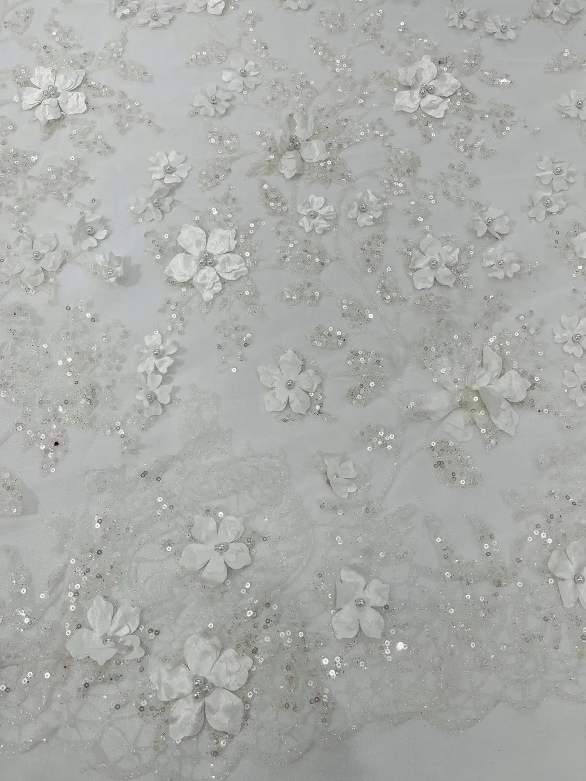 3D Flower Glitter Fabric - White - Floral Glitter Sequin Design on Lace Mesh Fabric by Yard