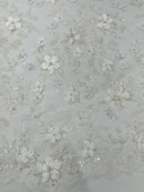 3D Flower Glitter Fabric - White - Floral Glitter Sequin Design on Lace Mesh Fabric by Yard