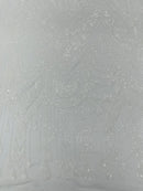 Zig Zag Design Sequins - White - 4 Way Stretch Embroidered Zig Zag Sequins Lace Fabric By The Yard