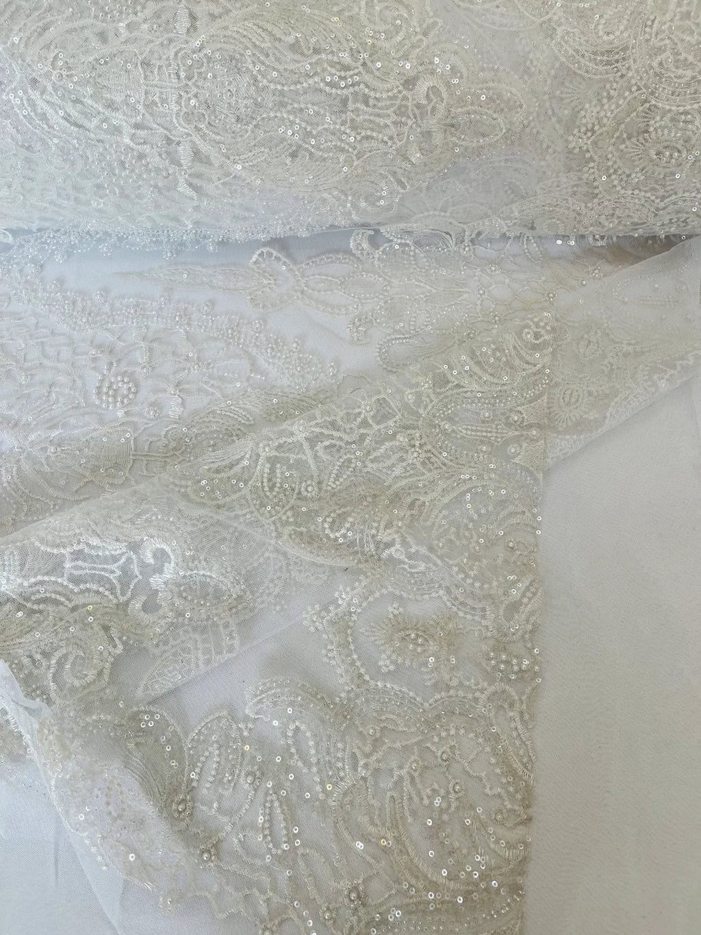 Beaded Fabric by yard - White - Damask Pattern With Beads and Sequin, Appliqué Lace for Bridal and Prom Dress
