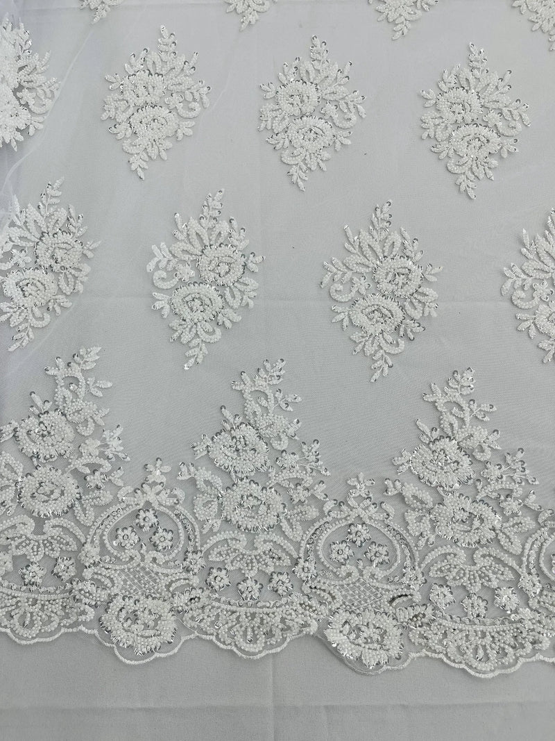 Heavy Beaded Floral Fabric - White - Luxury Heavy Duty Bead Bridal Floral Cluster Lace Fabric by the yard