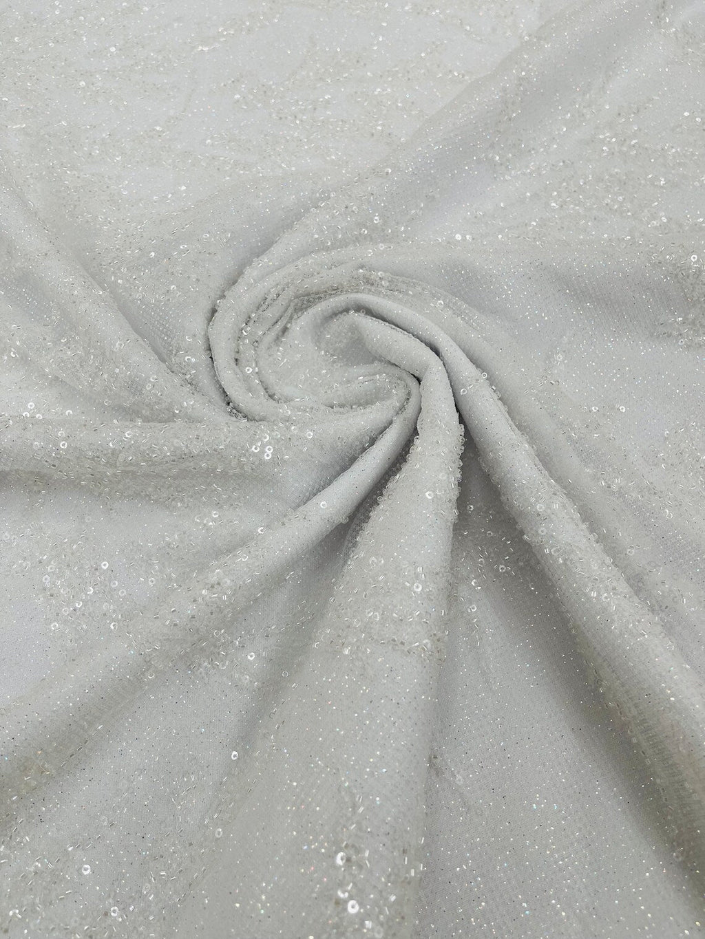 Leaf Plant Glitter Design Fabric - White - Beaded Embroidered Leaves Design on Mesh By Yard