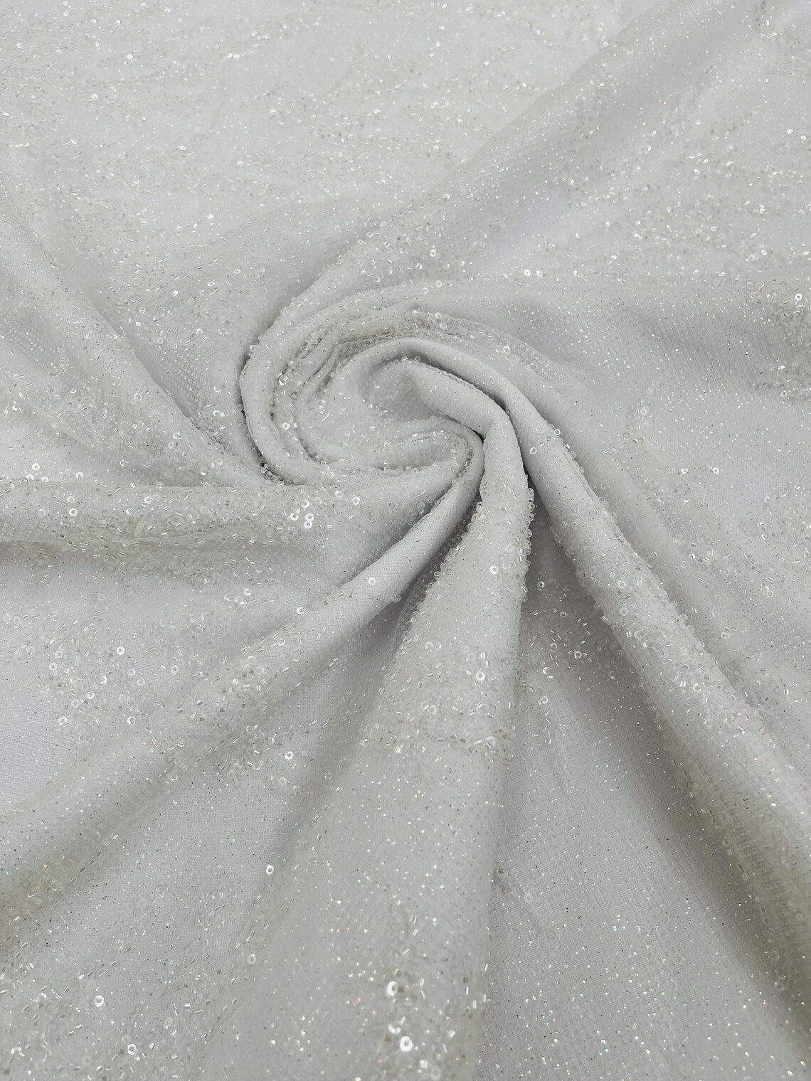 Leaf Plant Glitter Design Fabric - White - Beaded Embroidered Leaves Design on Mesh By Yard