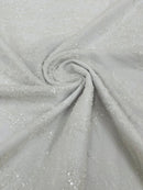 Leaf Plant Glitter Design Fabric - White - Beaded Embroidered Leaves Design on Mesh By Yard