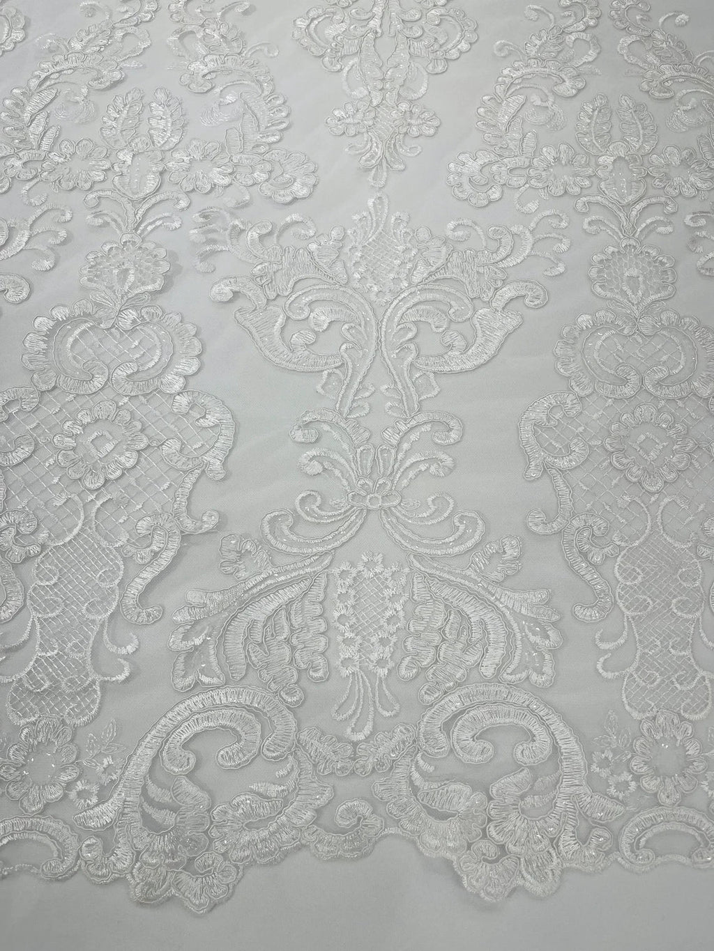 King Lace Pattern Fabric - White - Embroidered Sequins on Lace Mesh Fabric By Yard