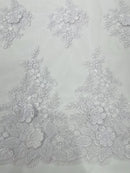Corded Floral 3D Fabric - White - Embroidered Floral Design on Lace Mesh Fabric by Yard
