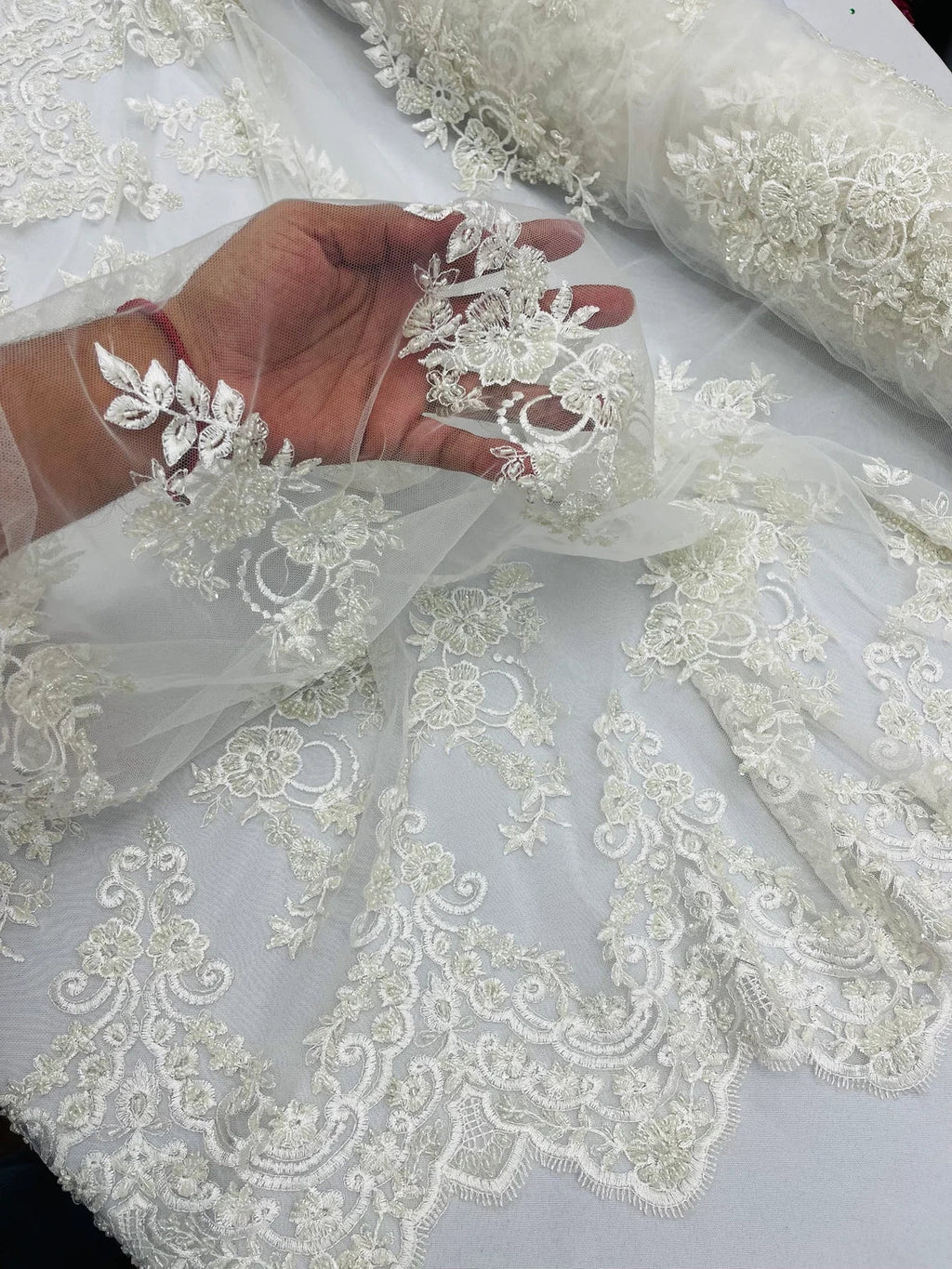 Beaded Floral Fabric - White - Embroidered Flower Cluster Beaded Fabric Sold By Yard