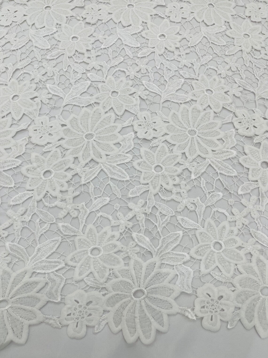 Guipure Lace Design Fabric - White - Solid Floral Lace Fabric by Yard