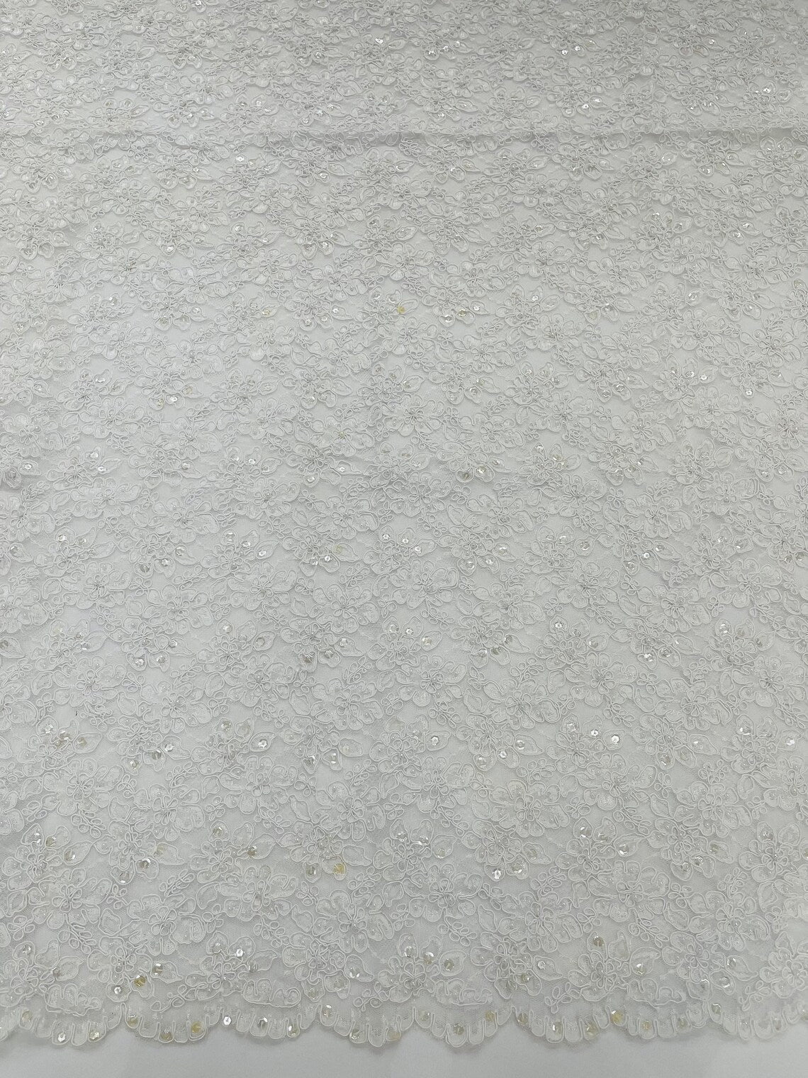Floral Pearls and Sequins Fabric - White - Beaded Fabric Embroidered Lace By The Yard