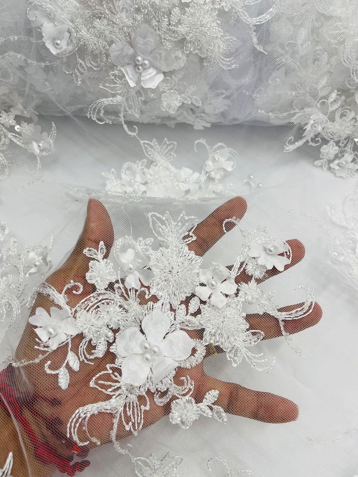 3D Flower Sequins Design - White - Embroidered Pearl Sequins Floral Clusters Lace Fabric By Yard