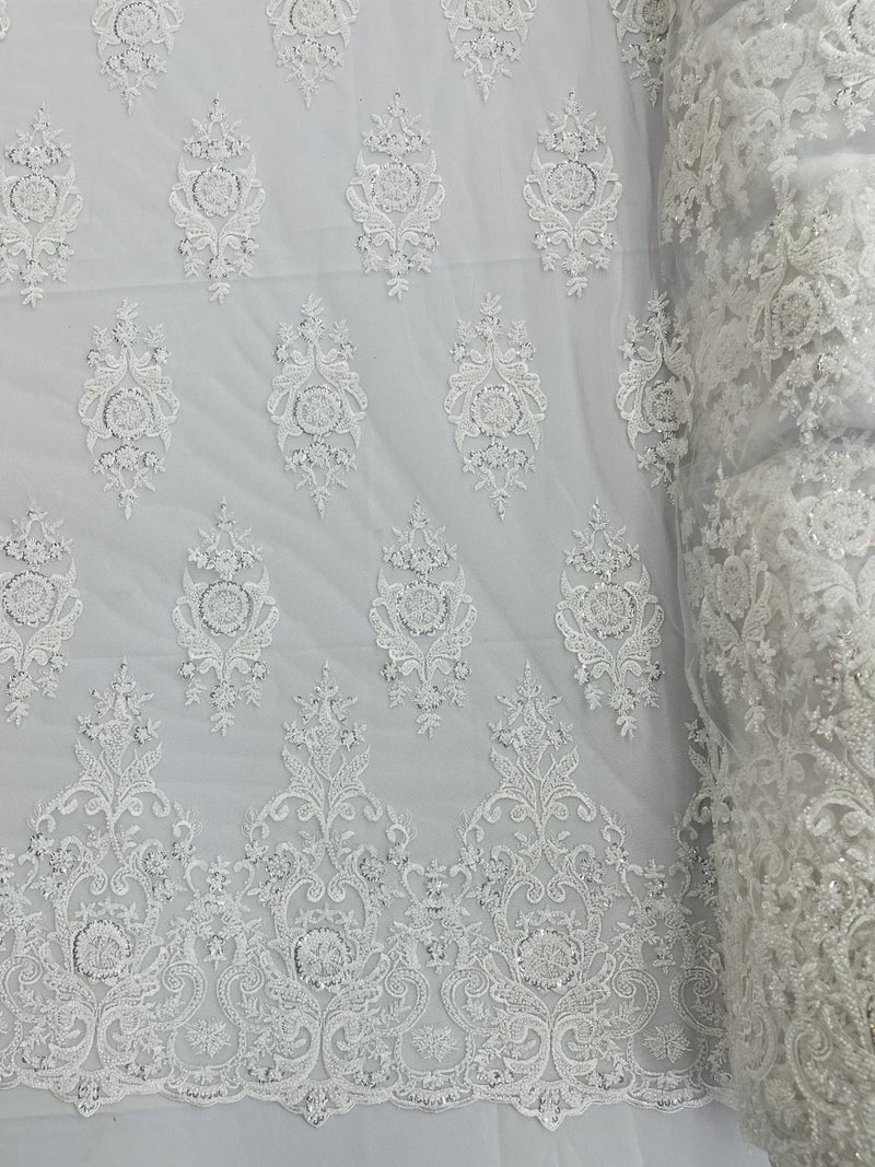 Floral Bead Embroidery Fabric - White - Damask Floral Bead Bridal Lace Fabric by the yard