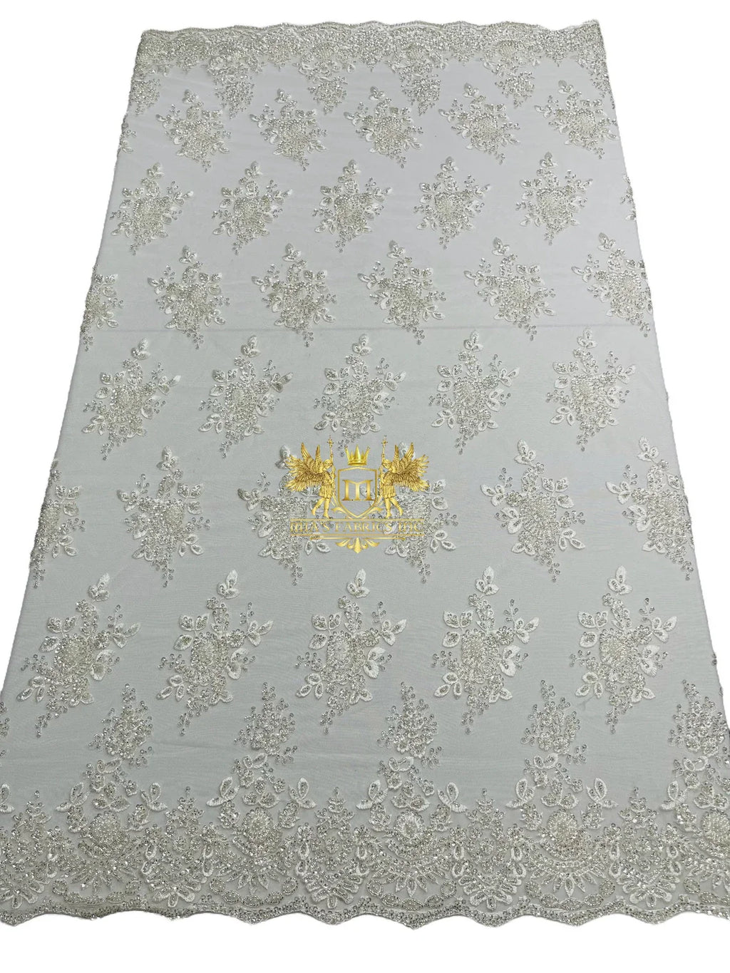 Floral Beaded Fabric - White - Embroidered Beaded Flowers Cluster Design on a Mesh Sold By Yard