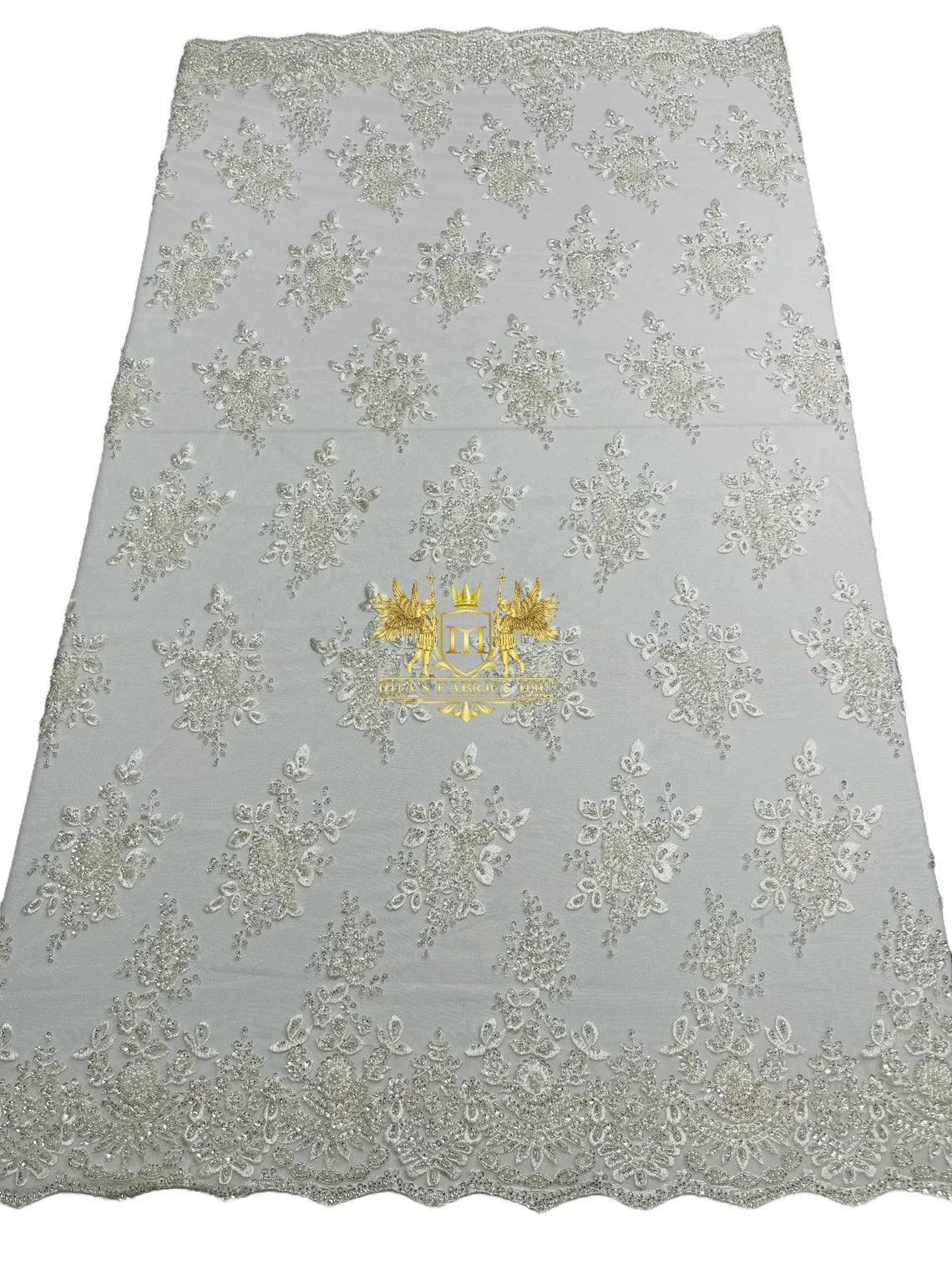 Floral Beaded Fabric - White - Embroidered Beaded Flowers Cluster Design on a Mesh Sold By Yard