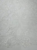 King Lace Pattern Fabric - White - Embroidered Sequins on Lace Mesh Fabric By Yard