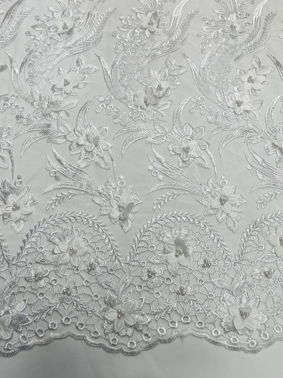 3D Floral Leaf Panels - White - Embroidered 3D Flower Lines with Pearls on Lace By Yard