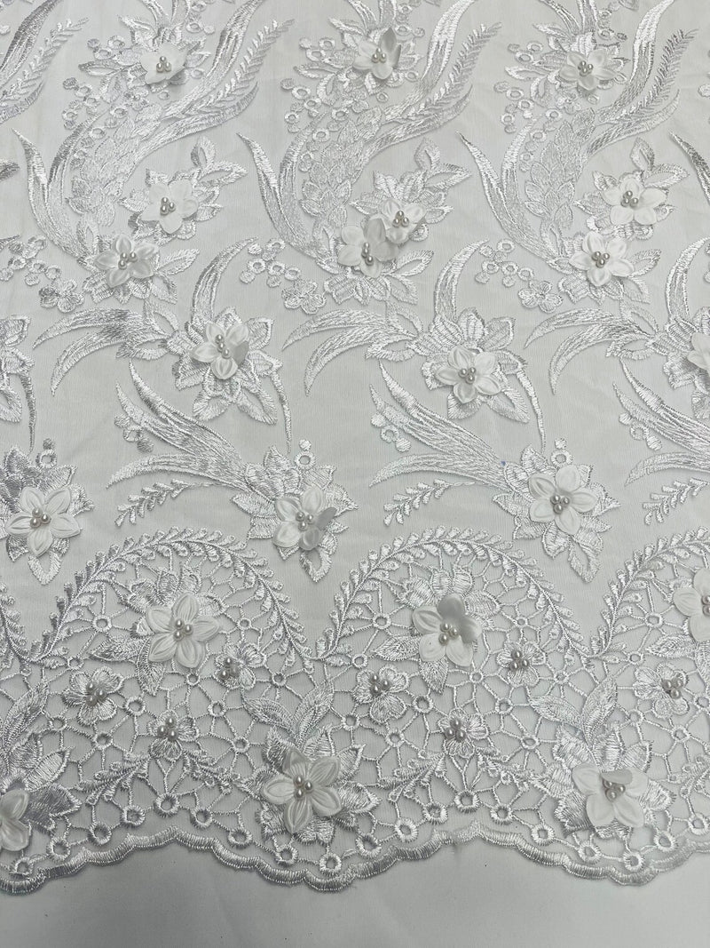 3D Floral Leaf Panels - White - Embroidered 3D Flower Lines with Pearls on Lace By Yard