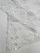 3D Floral Fabric with Floral Border - White - Embroidered Floral Fabric with Sequin and Beads By Yard