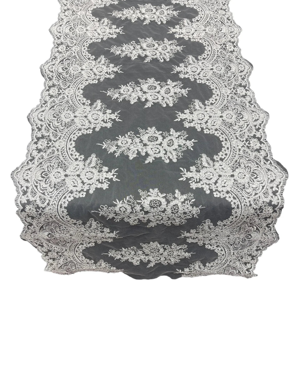 21" Floral Lace Metallic Design Table Runner - White - Floral Runner for Event Decor Sold By The Yard