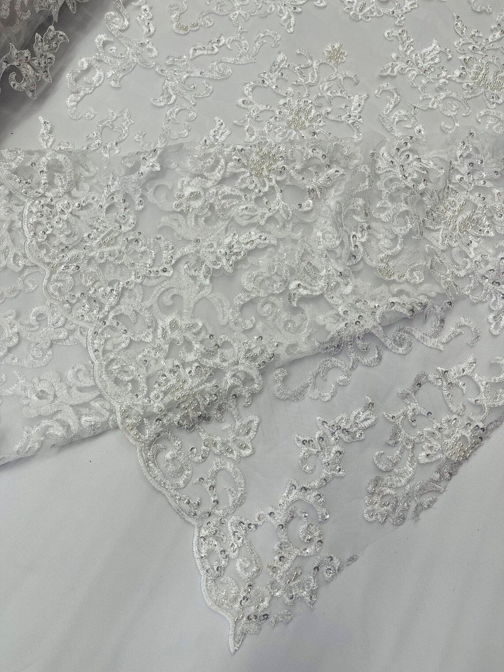 Floral Leaf Bead Sequins Fabric - White - Leaf Nature Beaded Sequins Lace Fabric by the yard