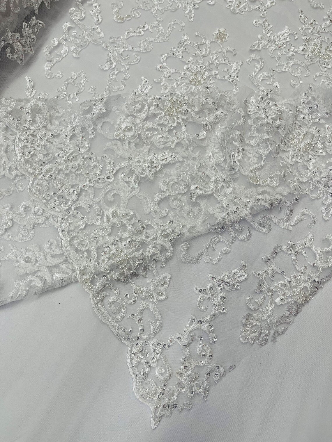 Floral Leaf Bead Sequins Fabric - White - Leaf Nature Beaded Sequins Lace Fabric by the yard