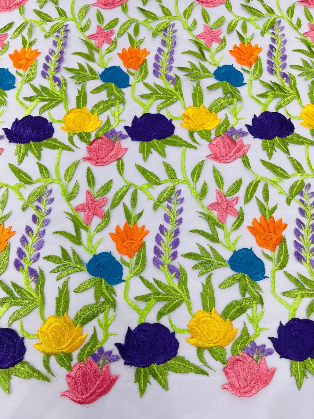 Multi-Color Mexican Sarape Fabric - White Mesh Flower Design Embroidered Lace Fabric By Yard