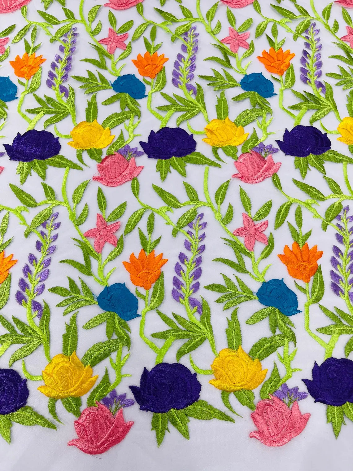 Multi-Color Mexican Sarape Fabric - White Mesh Flower Design Embroidered Lace Fabric By Yard