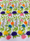 Multi-Color Mexican Sarape Fabric - White Mesh Flower Design Embroidered Lace Fabric By Yard