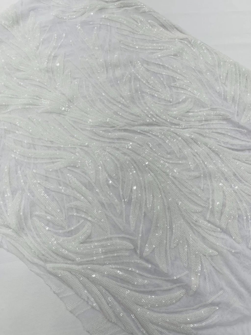 Leaf Design Stretch Sequins - White - 4 Way Stretch Lace Mesh Sequins Fabric by Yard