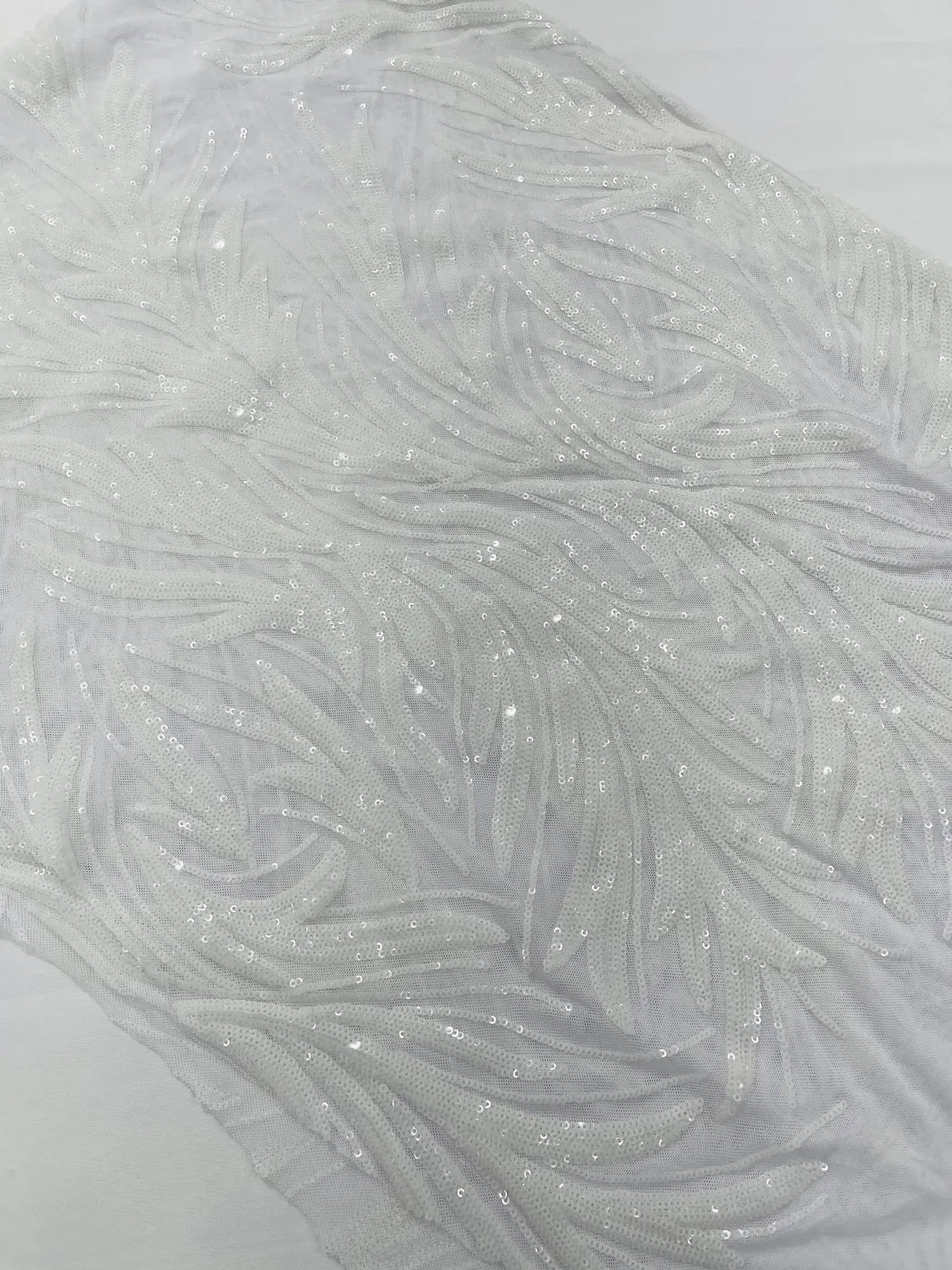 Leaf Design Stretch Sequins - White - 4 Way Stretch Lace Mesh Sequins Fabric by Yard