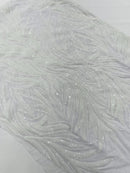 Leaf Design Stretch Sequins - White - 4 Way Stretch Lace Mesh Sequins Fabric by Yard