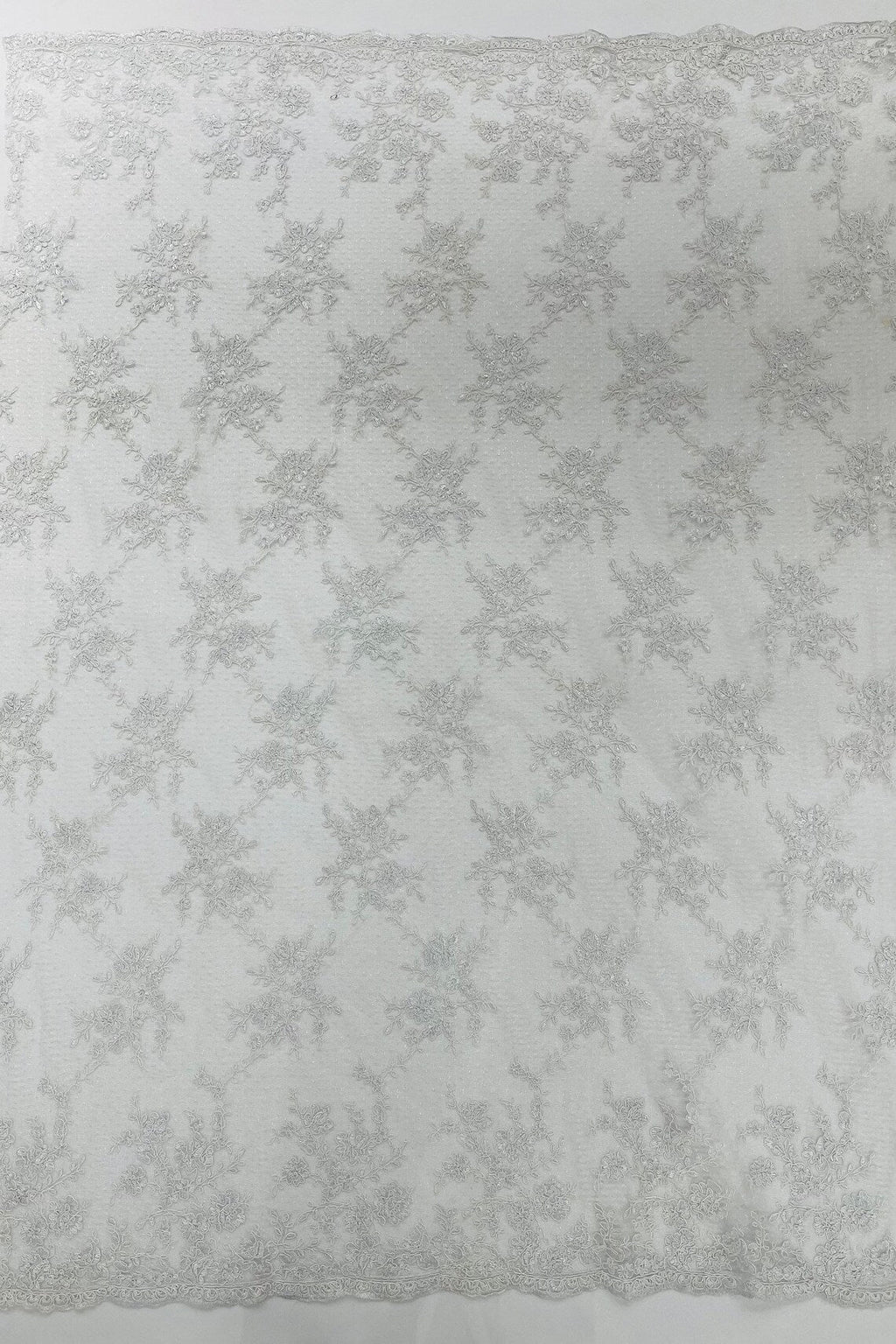 Embroidered Corded Lace Fabric - White - Cluster Fancy Flower Embroidered Lace Fabric By Yard