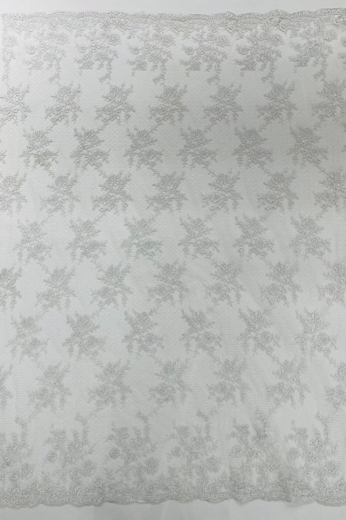 Embroidered Corded Lace Fabric - White - Cluster Fancy Flower Embroidered Lace Fabric By Yard