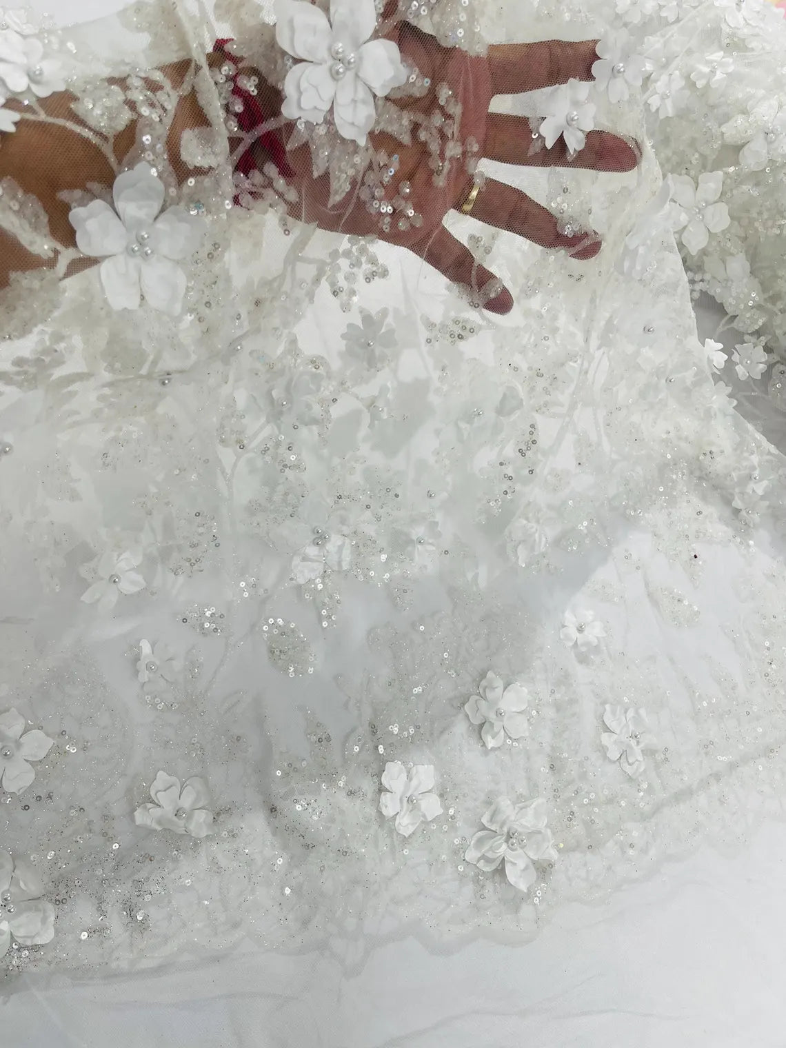 3D Flower Glitter Fabric - White - Floral Glitter Sequin Design on Lace Mesh Fabric by Yard