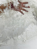 3D Flower Glitter Fabric - White - Floral Glitter Sequin Design on Lace Mesh Fabric by Yard