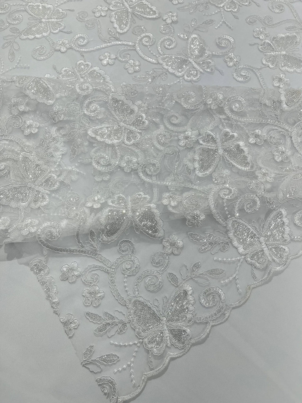 Butterfly Swirl Lace Fabric - White - Metallic Sequins Design on Lace Fabric By Yard
