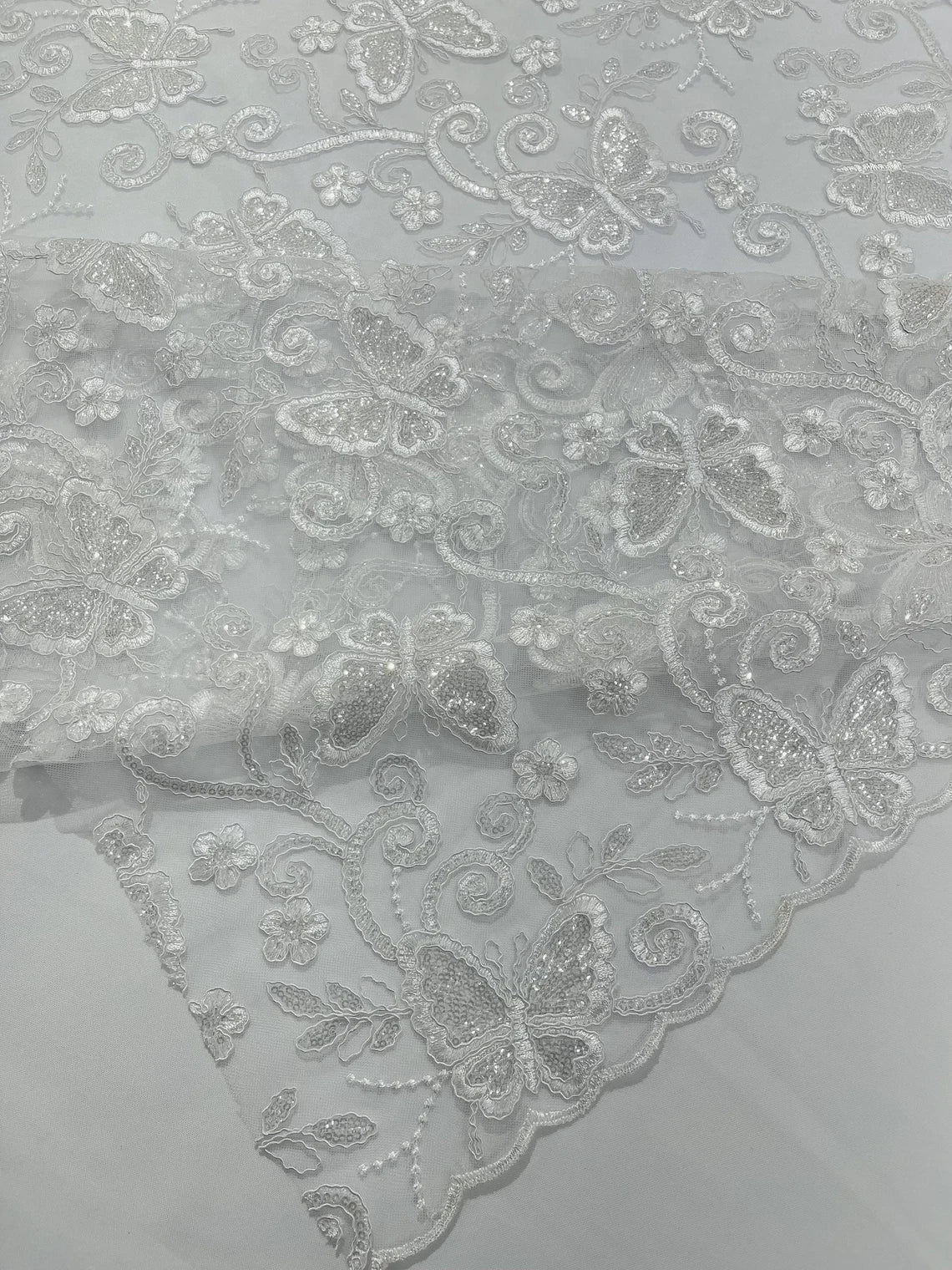 Butterfly Swirl Lace Fabric - White - Metallic Sequins Design on Lace Fabric By Yard