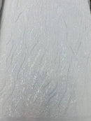 Wavy Design Beaded Fabric - White - Beaded Wavy Leaf Embroidered Fabric By Yard