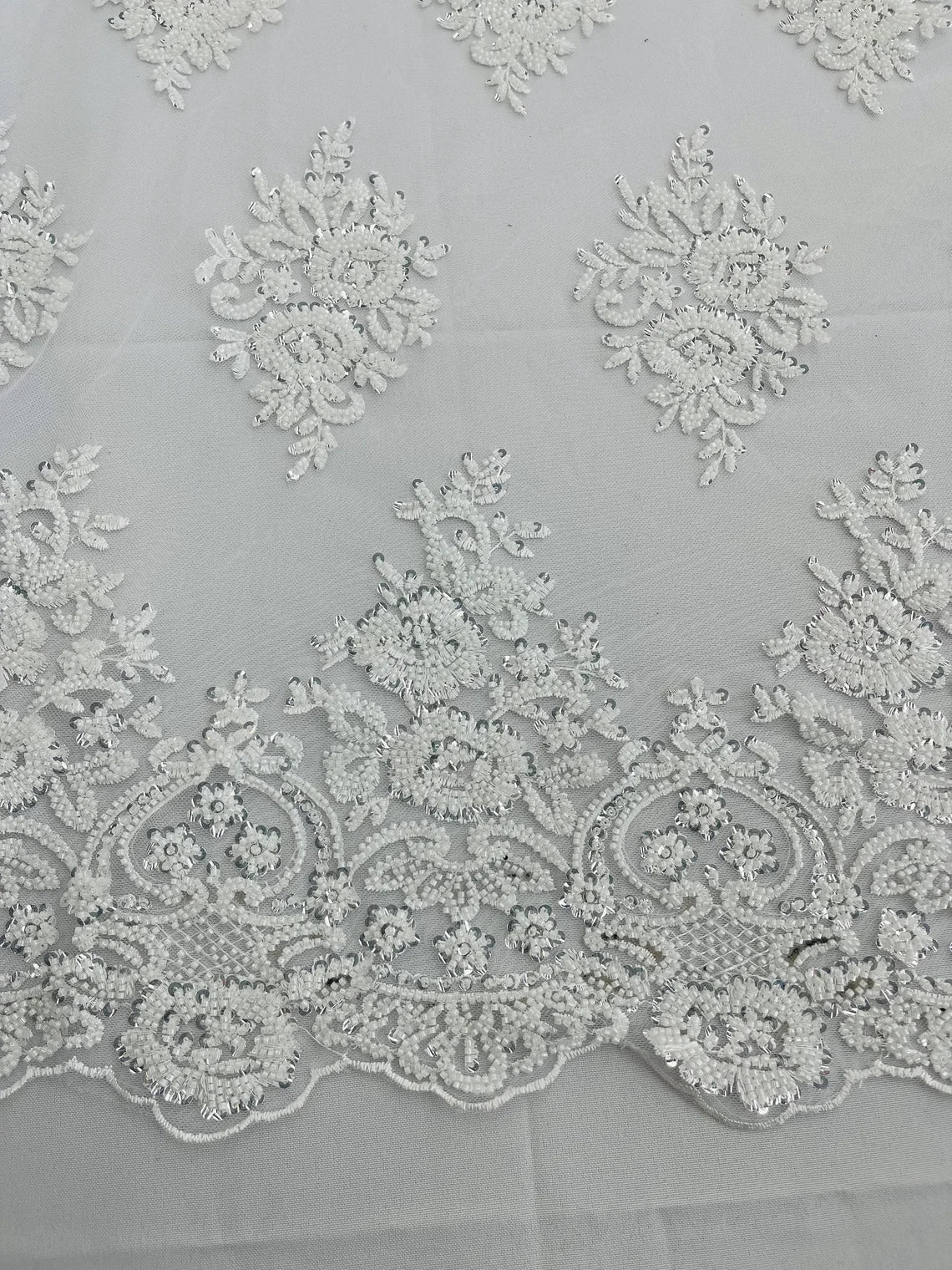 Heavy Beaded Floral Fabric - White - Luxury Heavy Duty Bead Bridal Floral Cluster Lace Fabric by the yard