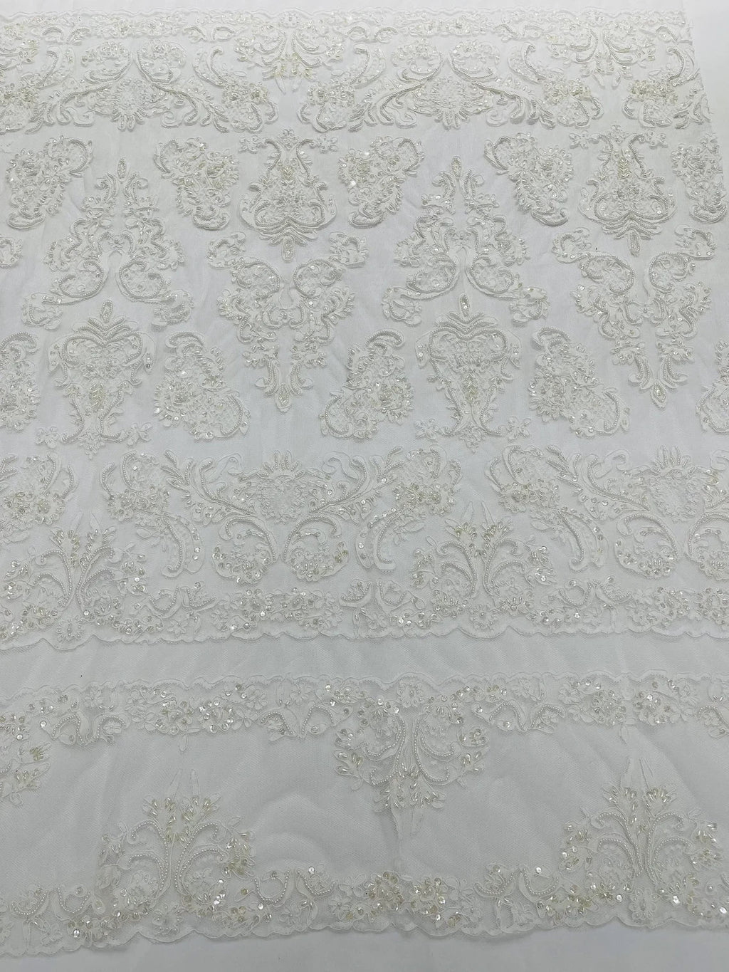 Beaded My Lady Damask Design - White - Beaded Fancy Damask Embroidered Fabric By Yard