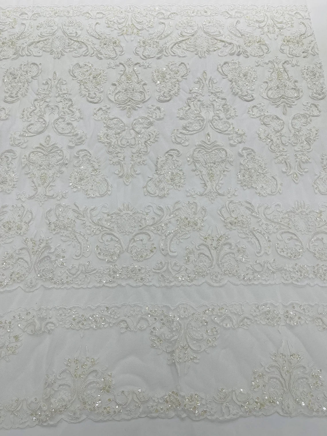 Beaded My Lady Damask Design - White - Beaded Fancy Damask Embroidered Fabric By Yard