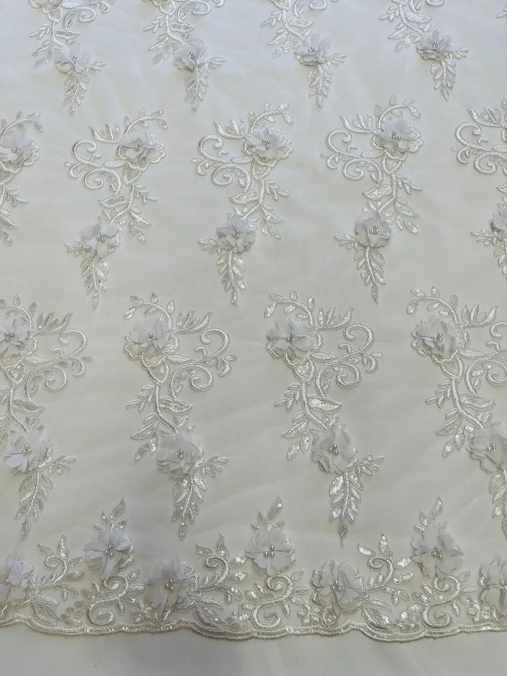 3D Flower Cluster Fabric - White - 3D Flower Leaf Design Fabric with Pearls Sold By Yard