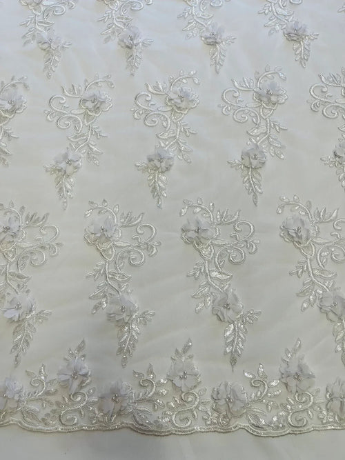 3D Flower Cluster Fabric - White - 3D Flower Leaf Design Fabric with Pearls Sold By Yard