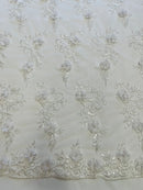 3D Flower Cluster Fabric - White - 3D Flower Leaf Design Fabric with Pearls Sold By Yard