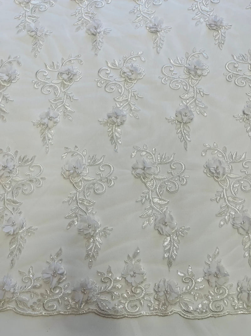 3D Flower Cluster Fabric - White - 3D Flower Leaf Design Fabric with Pearls Sold By Yard