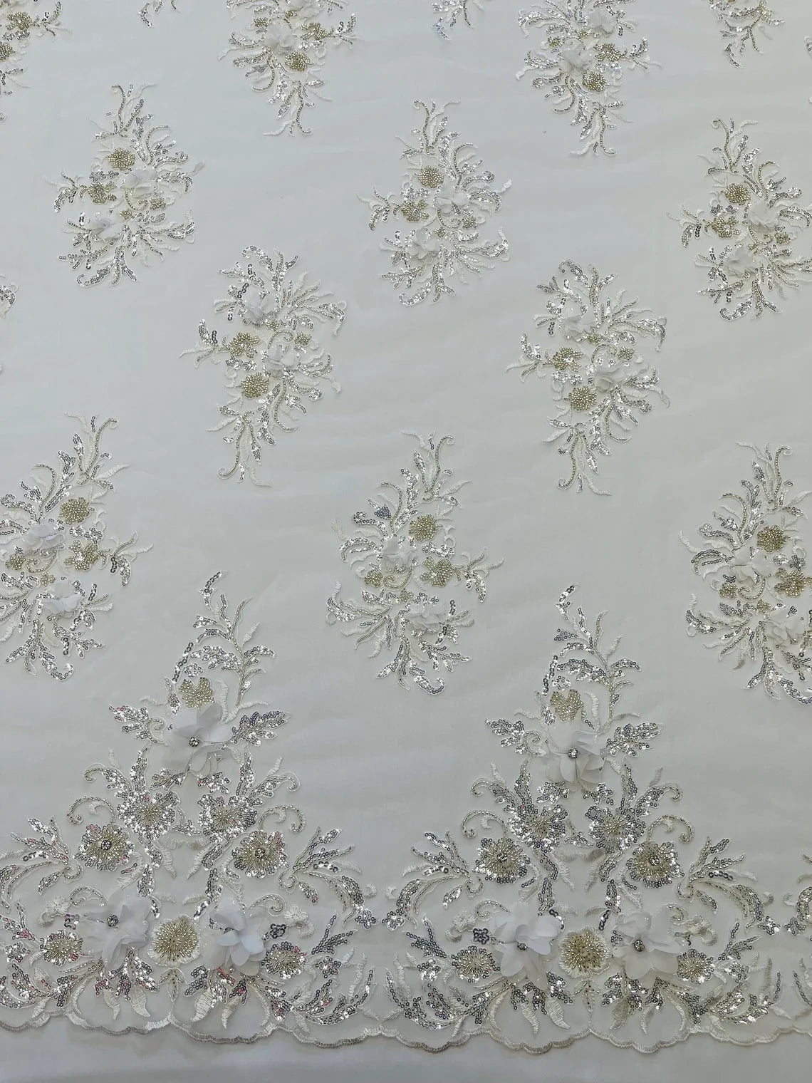3D Floral Rhinestone Fabric - White - Beaded Flower Clusters with Rhinestones and Sequins By Yard