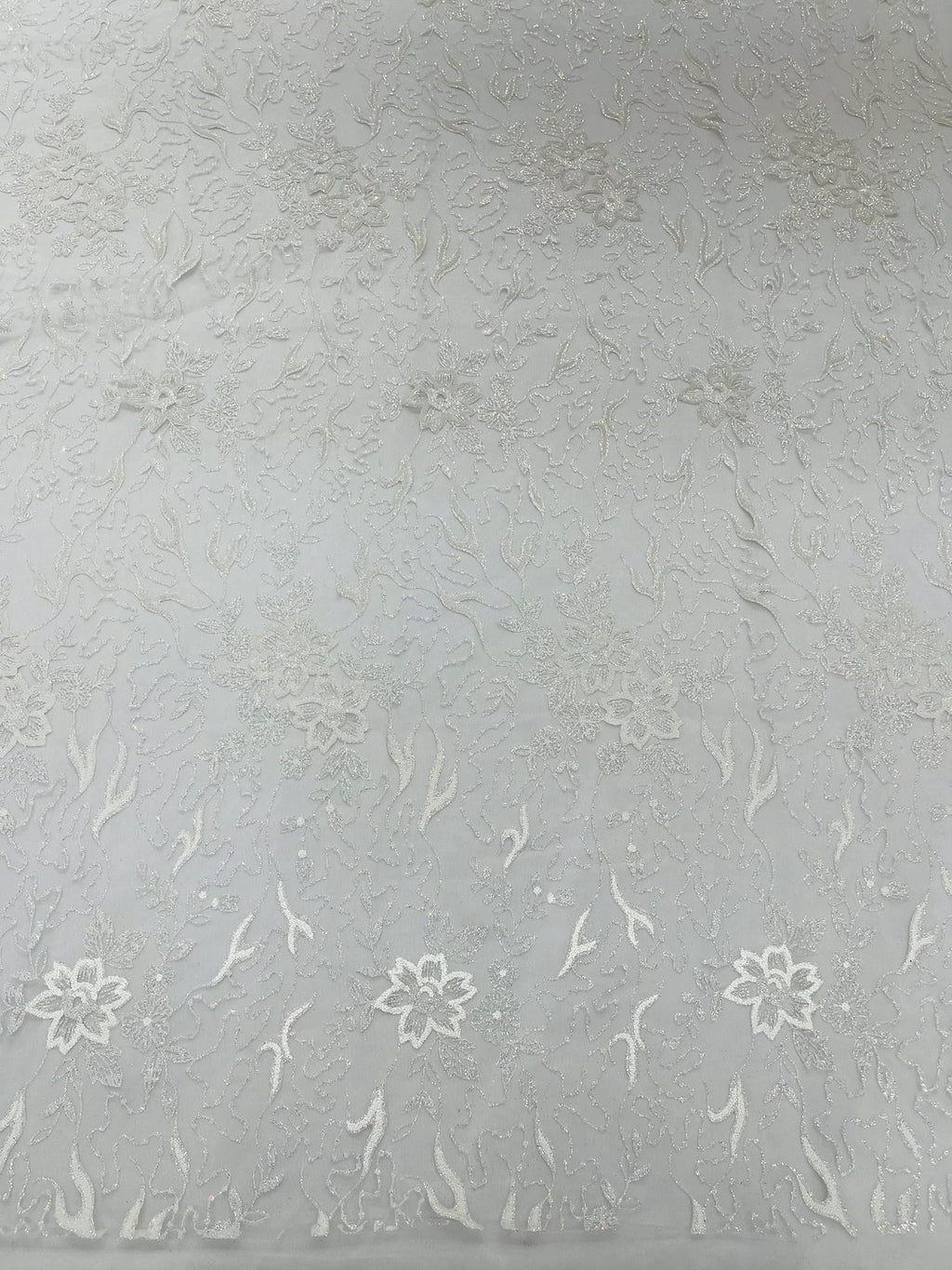 Flower Glitter Fabric - White - 3D Floral Tulle Fabric for Wedding, Quinceañera By Yard